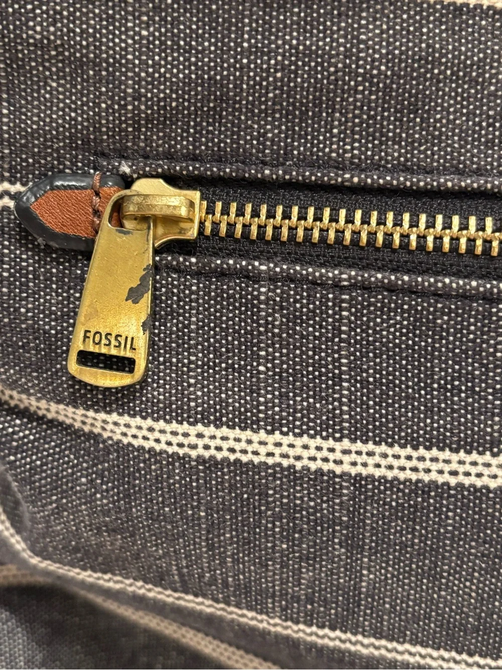 Fossil Kinley Crossbody Bag | Striped Canvas & Brown Leather Shoulder Purse